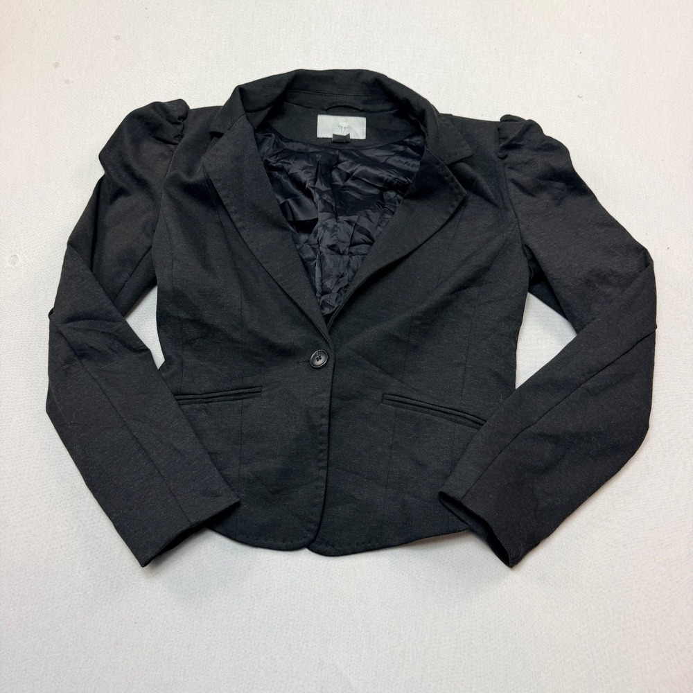 H&M Blazer Women Size 8 Black Excellent Puff Shoulder Single Button Stretch